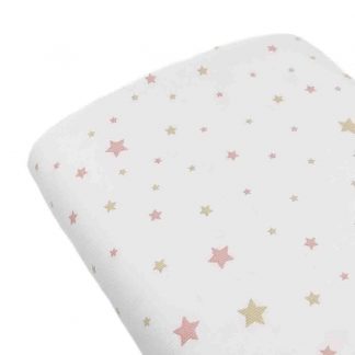 Tela piqué de canutillo con estampado de estrellas rosas y beige sobre fondo blanco