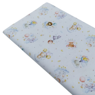 Tela piqué de canutillo con estampado de ositos, leoncitos, hipopótamos, ratoncitos, globos, estrellas y lunas