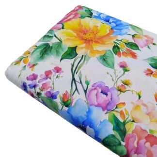 Tela de popelín con estampado de flores grandes de colores