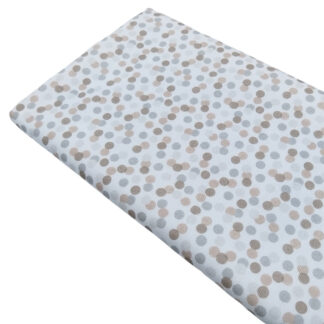 Tela de piqué de canutillo con estampado de pompas en tonos beige y gris perla