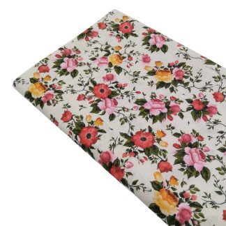Tela de popelín con estampado de ramos de rosas de colores sobre fondo beige