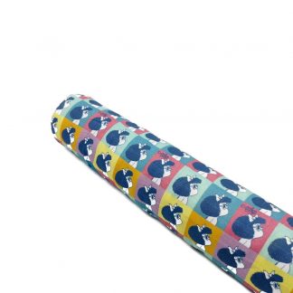 Tela de popelín con estampado de Mafalda multicolor tipo cuadro Andy Warhol en algodón orgánico certificado GOTS