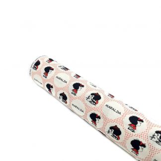 Tela de popelín de algodón orgánico GOTS con estampado de Mafalda y círculos rojos