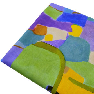 Tela de viscosa 100% con estampados de cuadrados irregulares multicolor