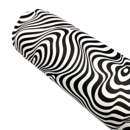 Tela bielástica para vestidos de mujer con estampados geométricos en espiral en colores blanco y negro