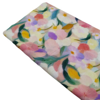 Tela 100% viscosa con estampado de flores de colores tipo pintadas a acuarela