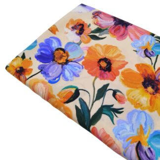 Tela 100% viscosa con estampado de flores de colores tipo al óleo