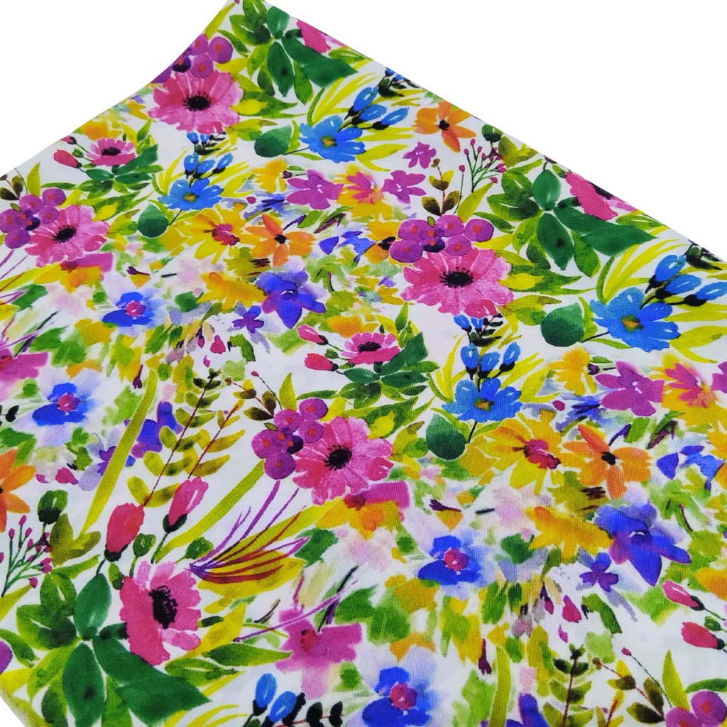 Tela de viscosa con estampado de flores de colores