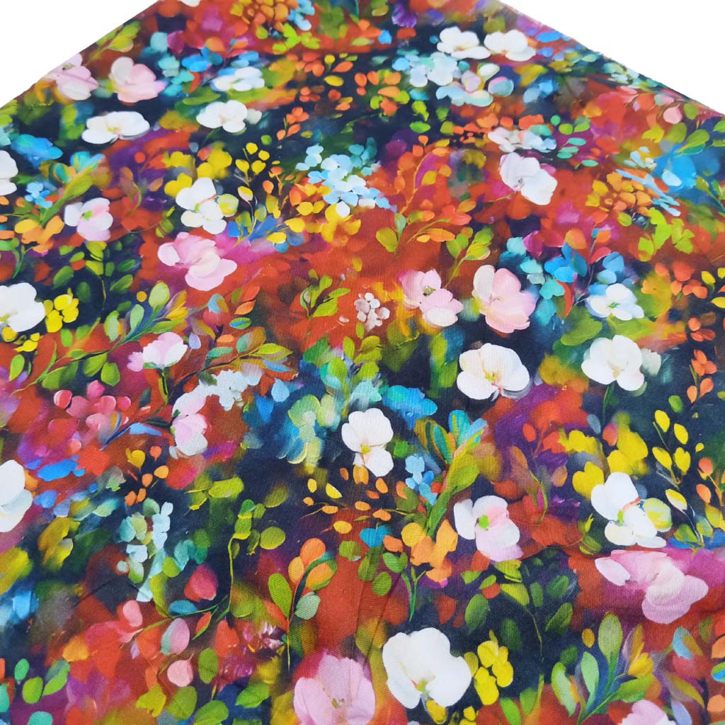 Tela de viscosa con estampado de flores de colores