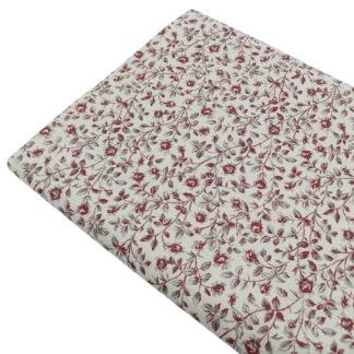 Tela popelín estampado ramos de flores granate sobre fondo lino