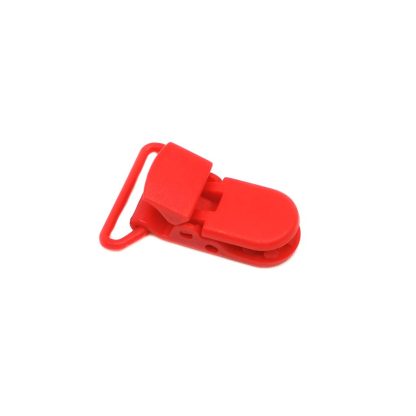 Pinza de plástico para realizar chupeteros o tirantes en color rojo