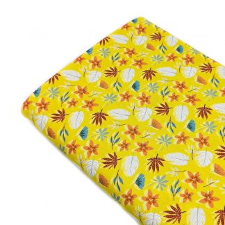 Tela popelín de algodón orgánico certificado GOTS con estampado de hojas amarillas