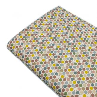 Tela popelín de algodón orgánico certificado GOTS con estampado de hexágonos de colores