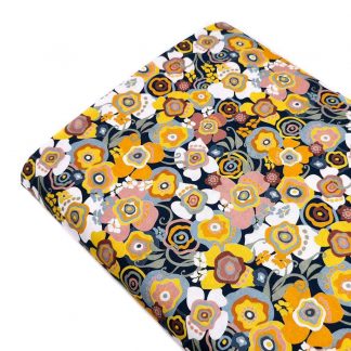 Tela popelín de algodón orgánico certificado GOTS con estampado de flores en tonos ocres
