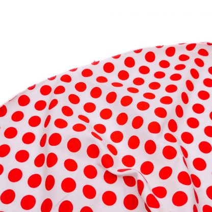 Tela popelín con estampado de lunares de flamenca de 15 milímetros de diámetro en color rojo sobre fondo blanco