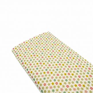 Tela de popelín de algodón orgánico certificado GOTS con estampado de estrellas y flores de colores