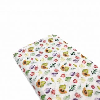 Tela de popelín de algodón orgánico certificado GOTS con estampado de frutas tropicales