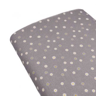 Tela de popelín de algodón orgánico estampado con florecitas sobre fondo gris perla
