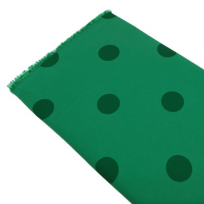 Tela especial para coser trajes de flamenca en crep elástico con estampado de lunares de 30 milímetros color verde botella sobre fondo color verde billar