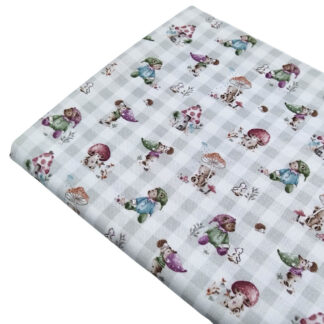 Tela de viyela estampada con ositos duendes en tono gris perla