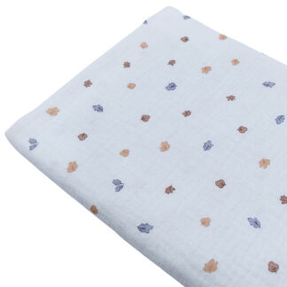 Tela doble gasa muselina con estampado de hojas en tono azul