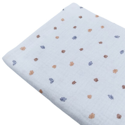 Tela doble gasa muselina con estampado de hojas en tono azul