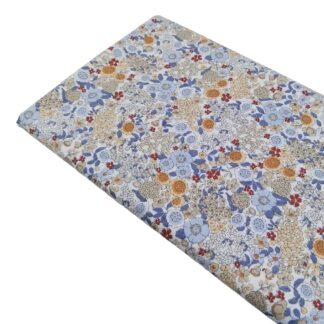 Tela viyela de algodón con estampado de flores tipo liberty en tonos azules y beige