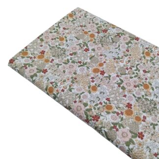Tela viyela de algodón con estampado de flores tipo liberty en tonos rosa, beige y verde