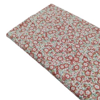 Tela viyela de algodón con estampado de flores tipo liberty en tonos granas, coral y verde