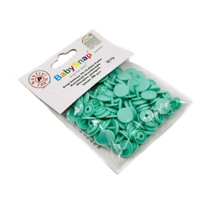 Pack de 30 botones snaps de plástico con forma circular en color verde agua