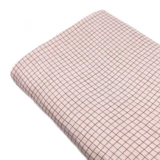 Tela doble gasa muselina de algodón orgánico GOTS estampada con cuadros tonos rosáceos