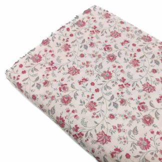 Tela doble gasa muselina de algodón orgánico GOTS estampada con flores en tonos rosa sobre fondo beige