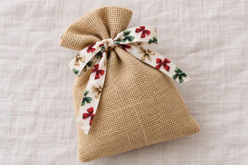 Bolsa de arpillera natural cerrada con un lazo de tela estampada con pequeños lazos de colores