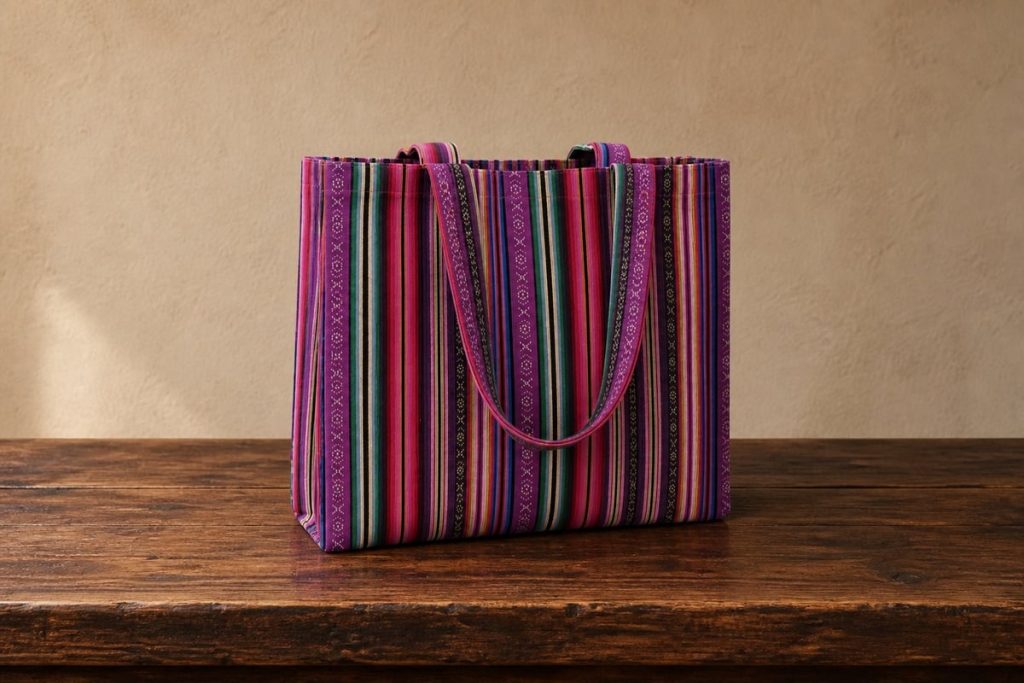 Recreación de un bolso tote con volumen confeccionado visualmente con tela alpujarreña sobre una mesa rústica