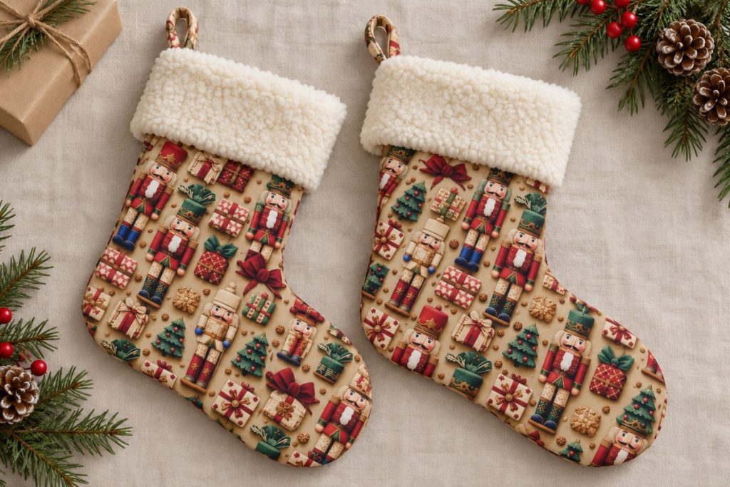 Dos calcetines decorativos con motivos de cascanueces y vuelta de borreguito claro