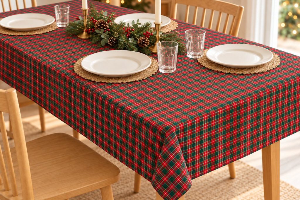 Mesa navideña con mantel de cuadros verdes y rojos y salvamanteles de arpillera bajo los platos
