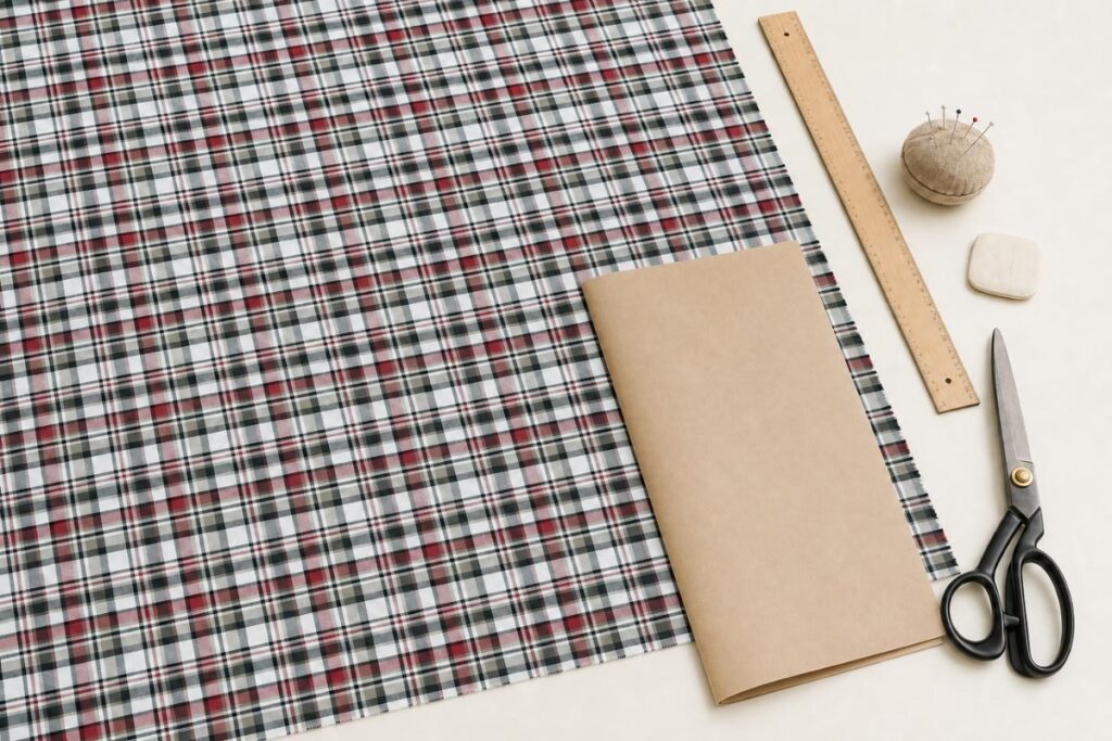 Tela de viyela extendida sobre una mesa con un pliego de papel de patronaje doblado y utensilios de corte